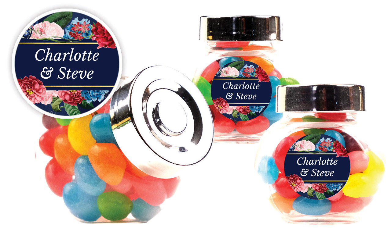 Floral Frame On Navy Wedding Personalised Mini Candy Jar With Multicoloured Jelly Beans