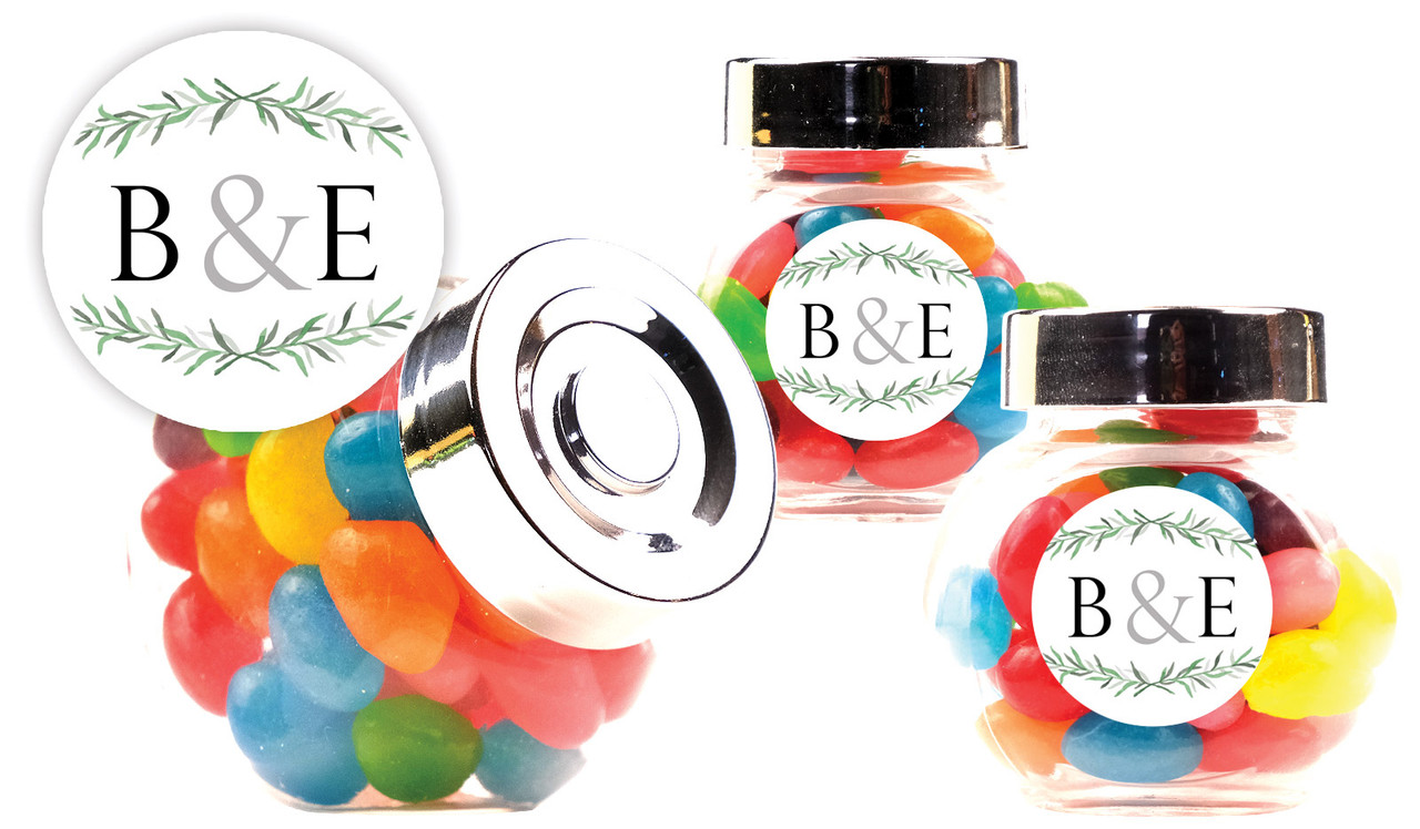 Green Branches Wedding Personalised Mini Candy Jar With Multicoloured Jelly Beans