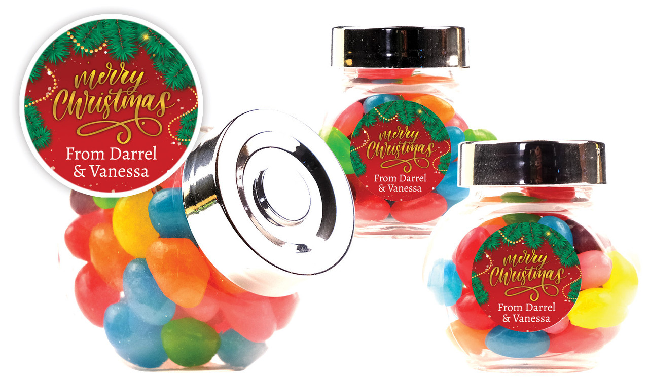 Red Festive Christmas Personalised Mini Candy Jar With Multicoloured Jelly Beans