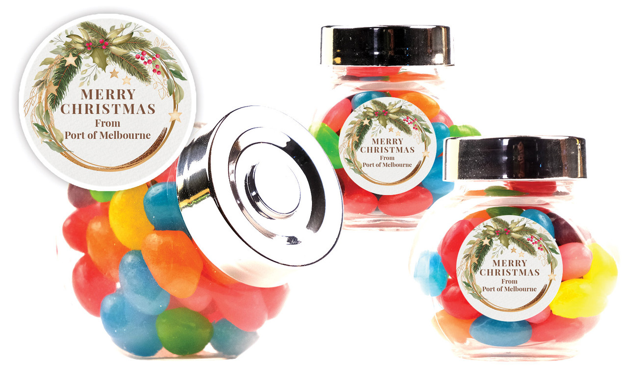 Golden Wreath Christmas Personalised Mini Candy Jar With Multicoloured Jelly Beans
