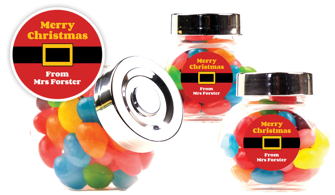 Santa Belt Christmas Personalised Mini Candy Jar With Multicoloured Jelly Beans
