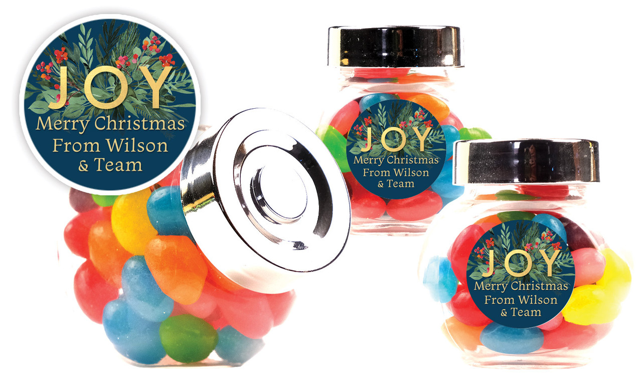 Joy Christmas Personalised Mini Candy Jar With Multicoloured Jelly Beans