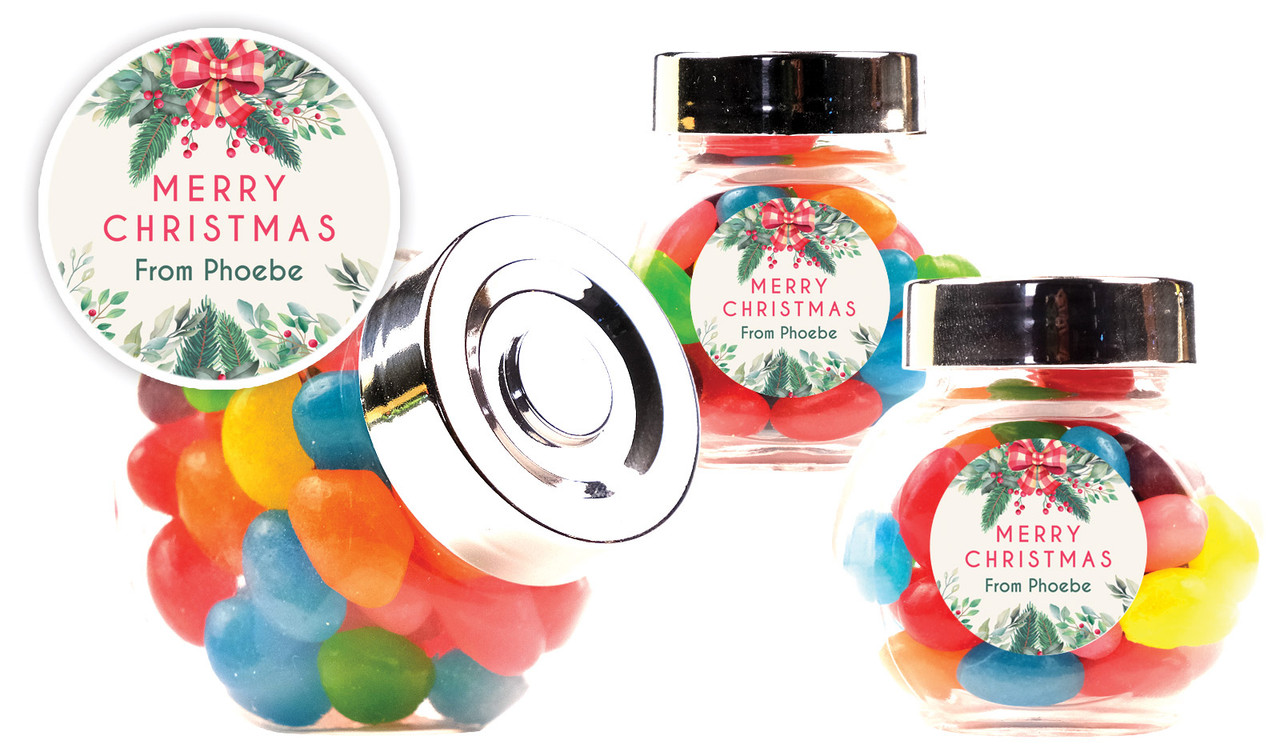 Country Style Christmas Personalised Mini Candy Jar With Multicoloured Jelly Beans