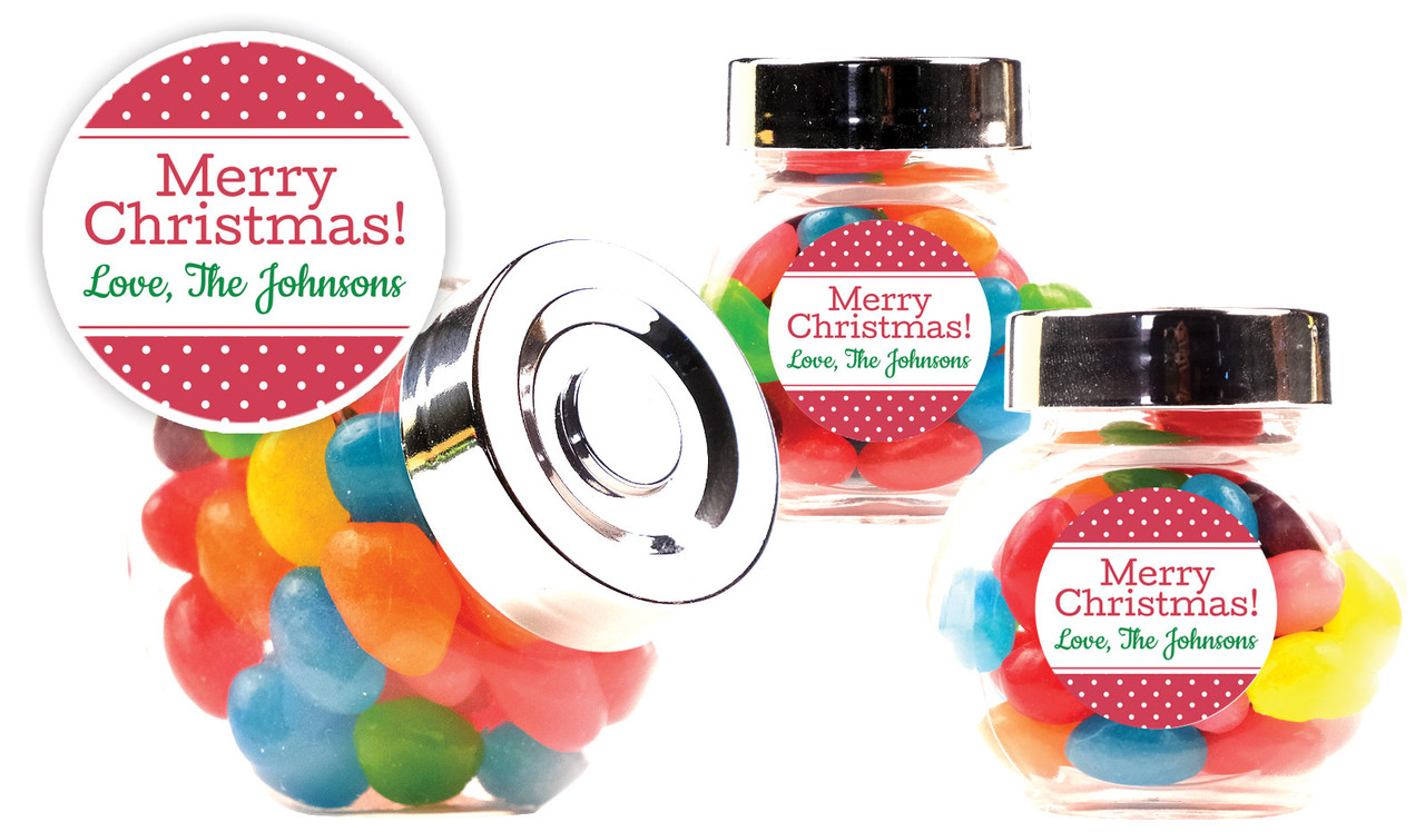 Red Polkadot Christmas Personalised Mini Candy Jar With Multicoloured Jelly Beans