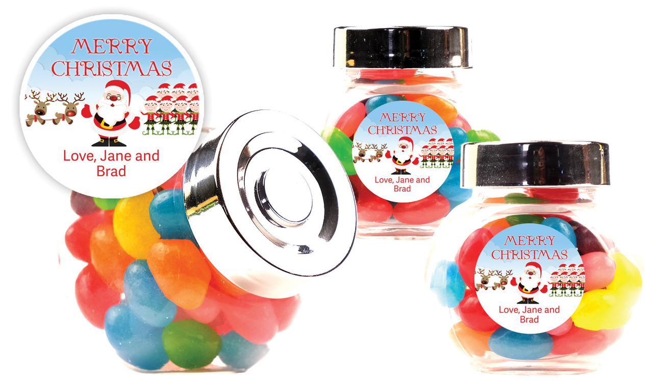 Santas Workshop Christmas Personalised Mini Candy Jar With Multicoloured Jelly Beans