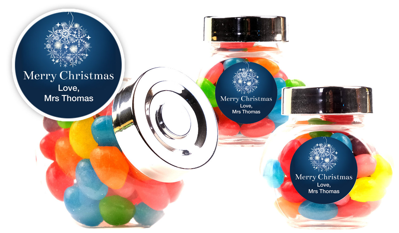 Blue Ornament Christmas Personalised Mini Candy Jar With Multicoloured Jelly Beans