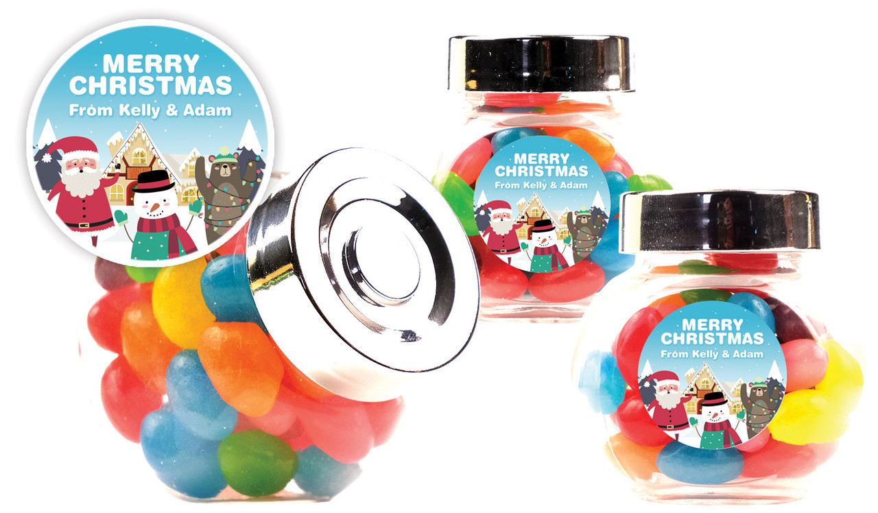 At The North Pole Christmas Personalised Mini Candy Jar With Multicoloured Jelly Beans