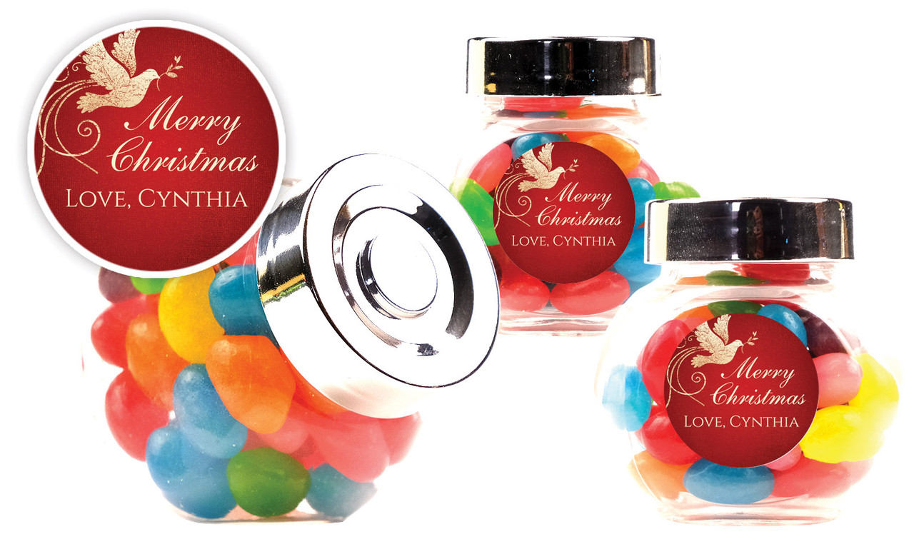 Dove In Gold Christmas Personalised Mini Candy Jar With Multicoloured Jelly Beans