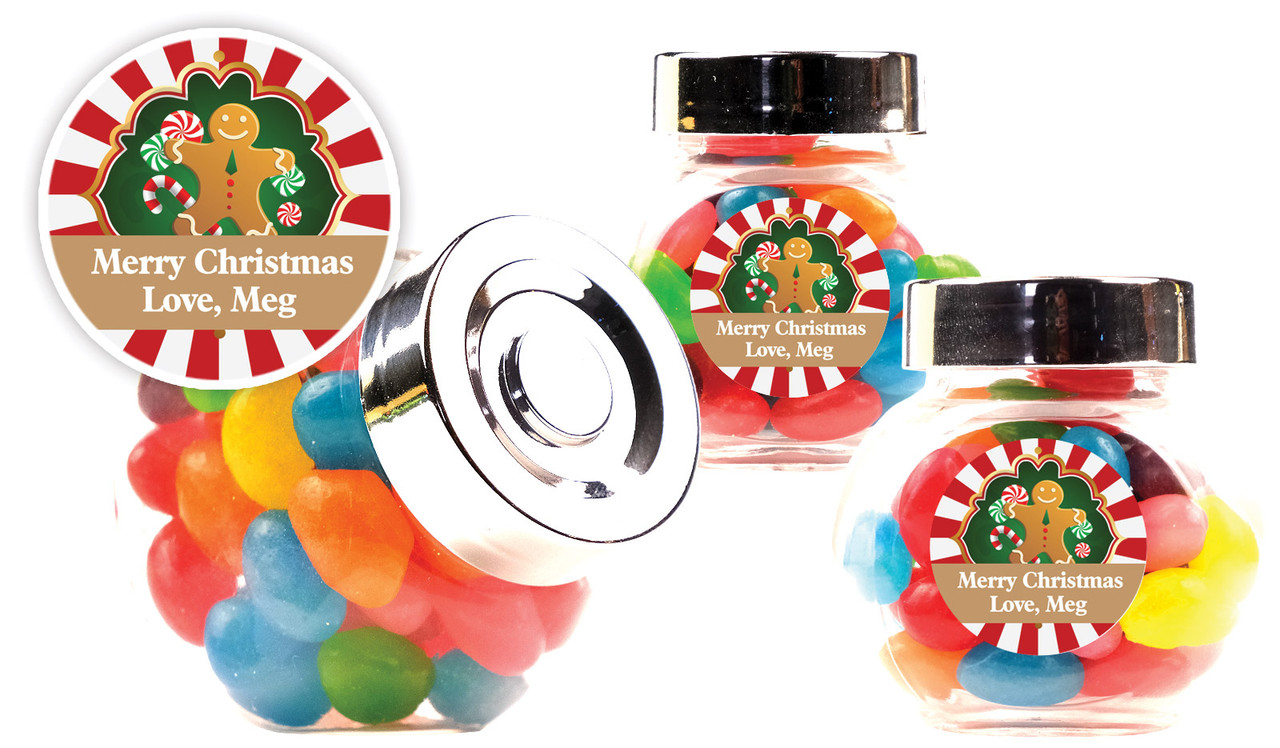 Gingerbread Man Christmas Personalised Mini Candy Jar With Multicoloured Jelly Beans