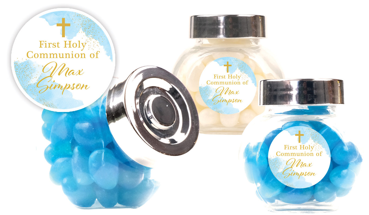 Gold Sparkle on Blue Communion Personalised Mini Candy Jar