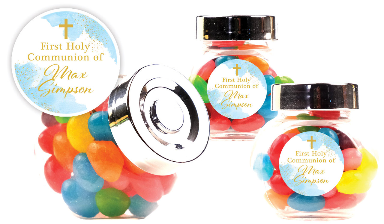 Gold Sparkle on Blue Communion Personalised Mini Candy Jar With Multicoloured Jelly Beans