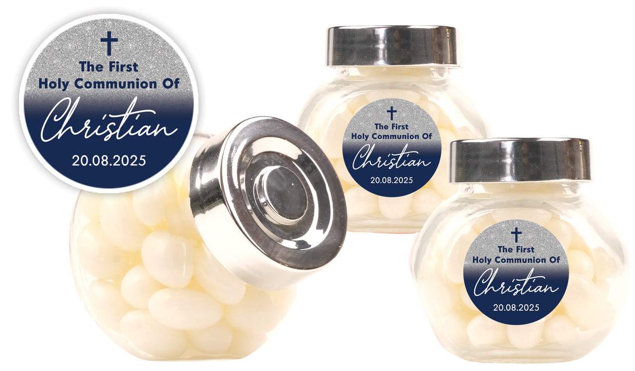 Blue and Silver glitter Communion Personalised Mini Candy Jar