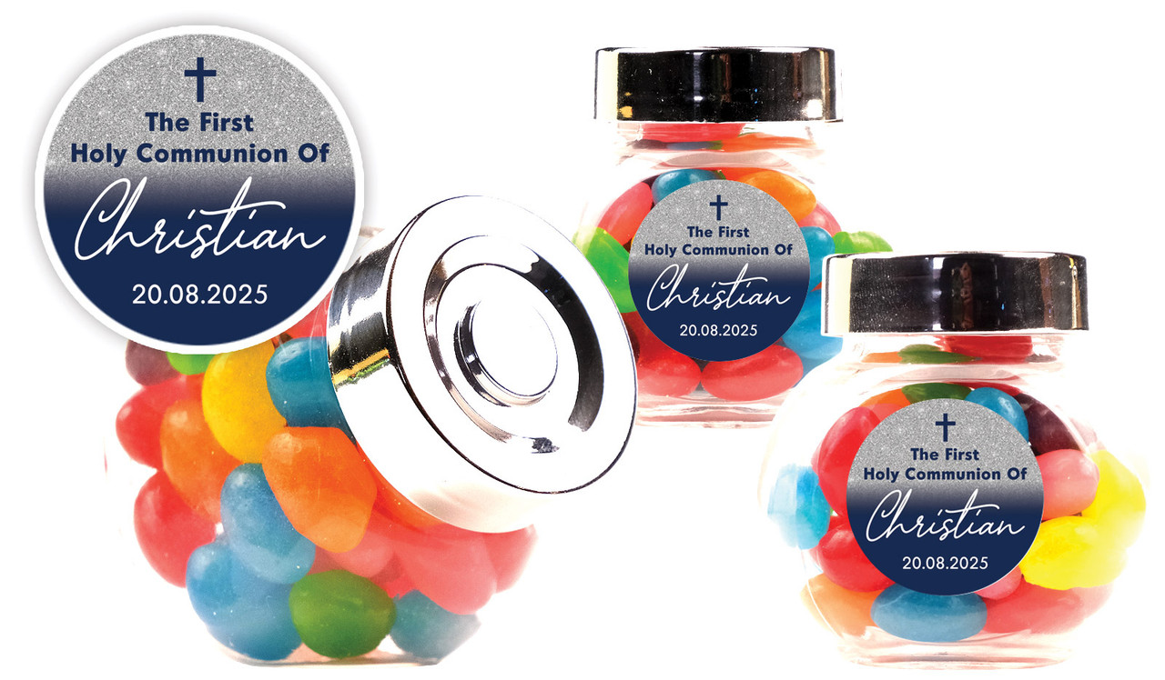 Blue and Silver glitter Communion Personalised Mini Candy Jar With Multicoloured Jelly Beans