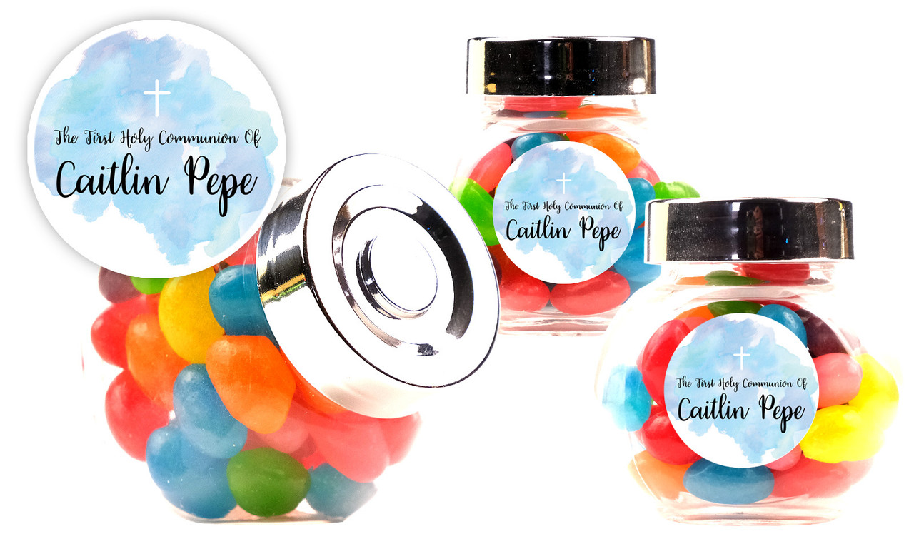 A Splash Of Watercolour Blue Communion Personalised Mini Candy Jar With Multicoloured Jelly Beans