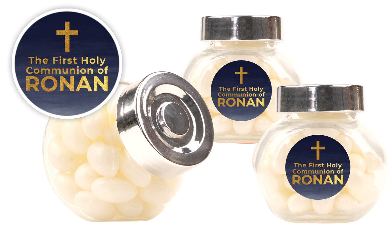 Navy Blue Watercolour Communion Personalised Mini Candy Jar