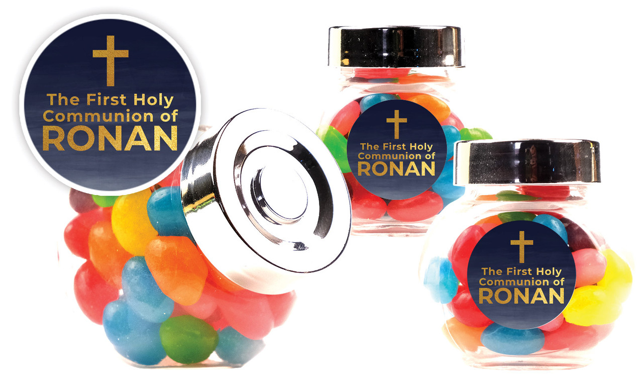 Navy Blue Watercolour Communion Personalised Mini Candy Jar With Multicoloured Jelly Beans