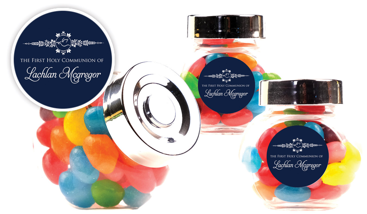 Dove Crest Blue Communion Personalised Mini Candy Jar With Multicoloured Jelly Beans