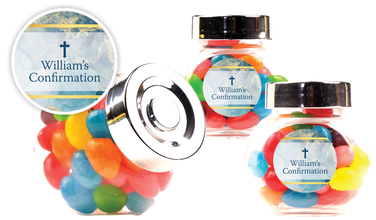 Abstract Background Confirmation Personalised Mini Candy Jar With Multicoloured Jelly Beans
