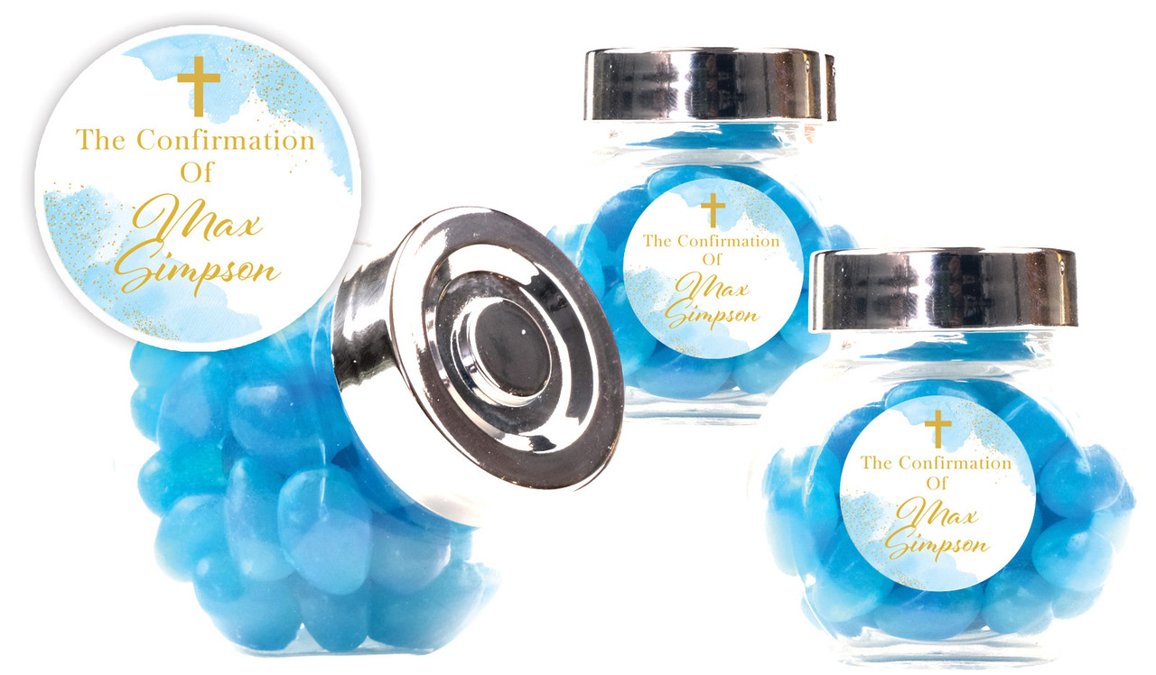Gold Sparkle on Blue Confirmation Personalised Mini Candy Jar