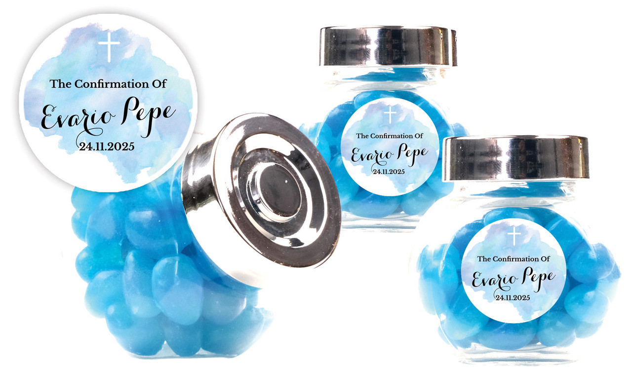 A Splash Of Watercolour Blue Confirmation Personalised Mini Candy Jar