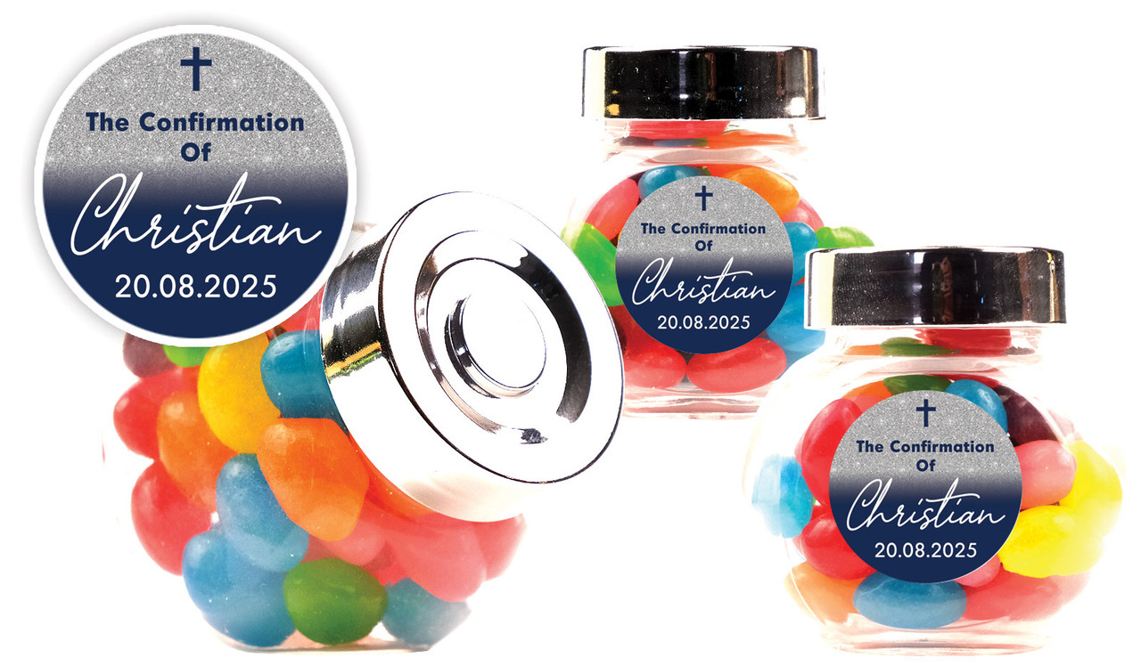 Blue And Silver Glitter Confirmation Personalised Mini Candy Jar With Multicoloured Jelly Beans