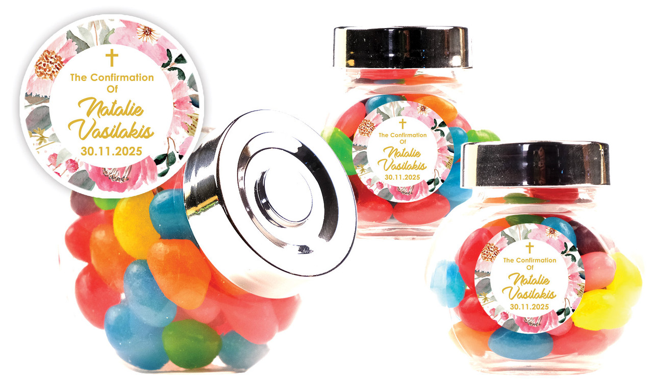 Pink Garden Confirmation Personalised Mini Candy Jar With Multicoloured Jelly Beans