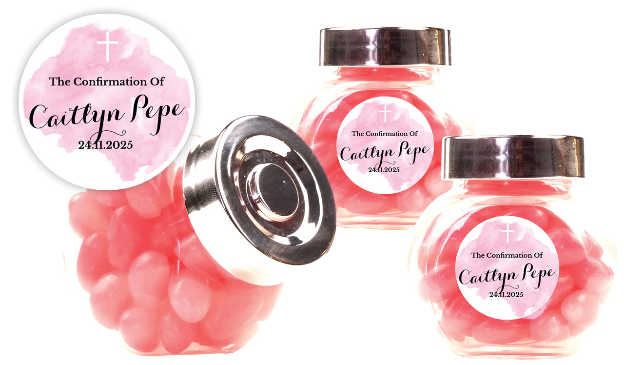 A Splash Of Watercolour Pink Confirmation Personalised Mini Candy Jar