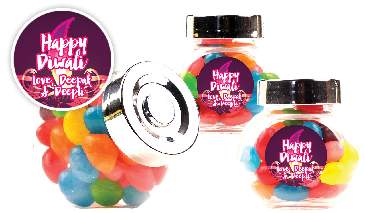 Abstract Flame Diwali Personalised Mini Candy Jar With Multicoloured Jelly Beans