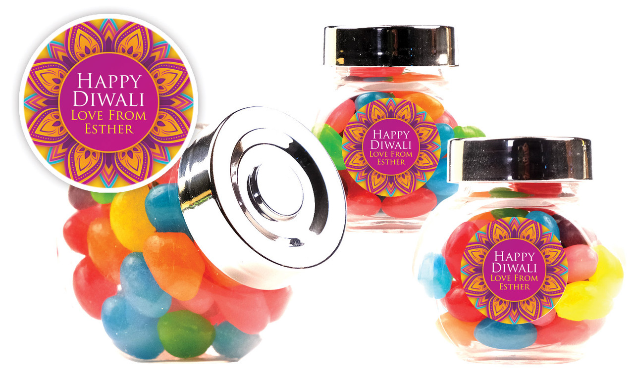 Yellow Purple Diwali Personalised Mini Candy Jar With Multicoloured Jelly Beans