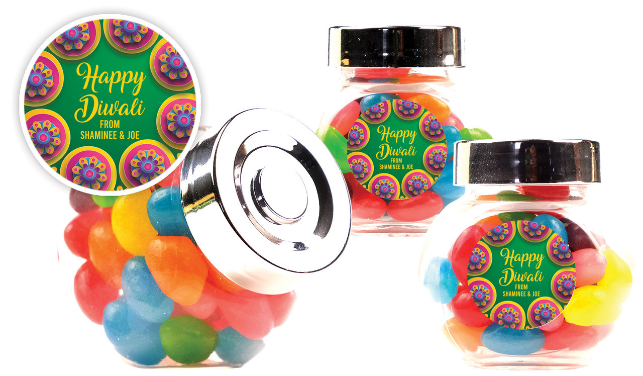 Green Leaves Diwali Personalised Mini Candy Jar With Multicoloured Jelly Beans