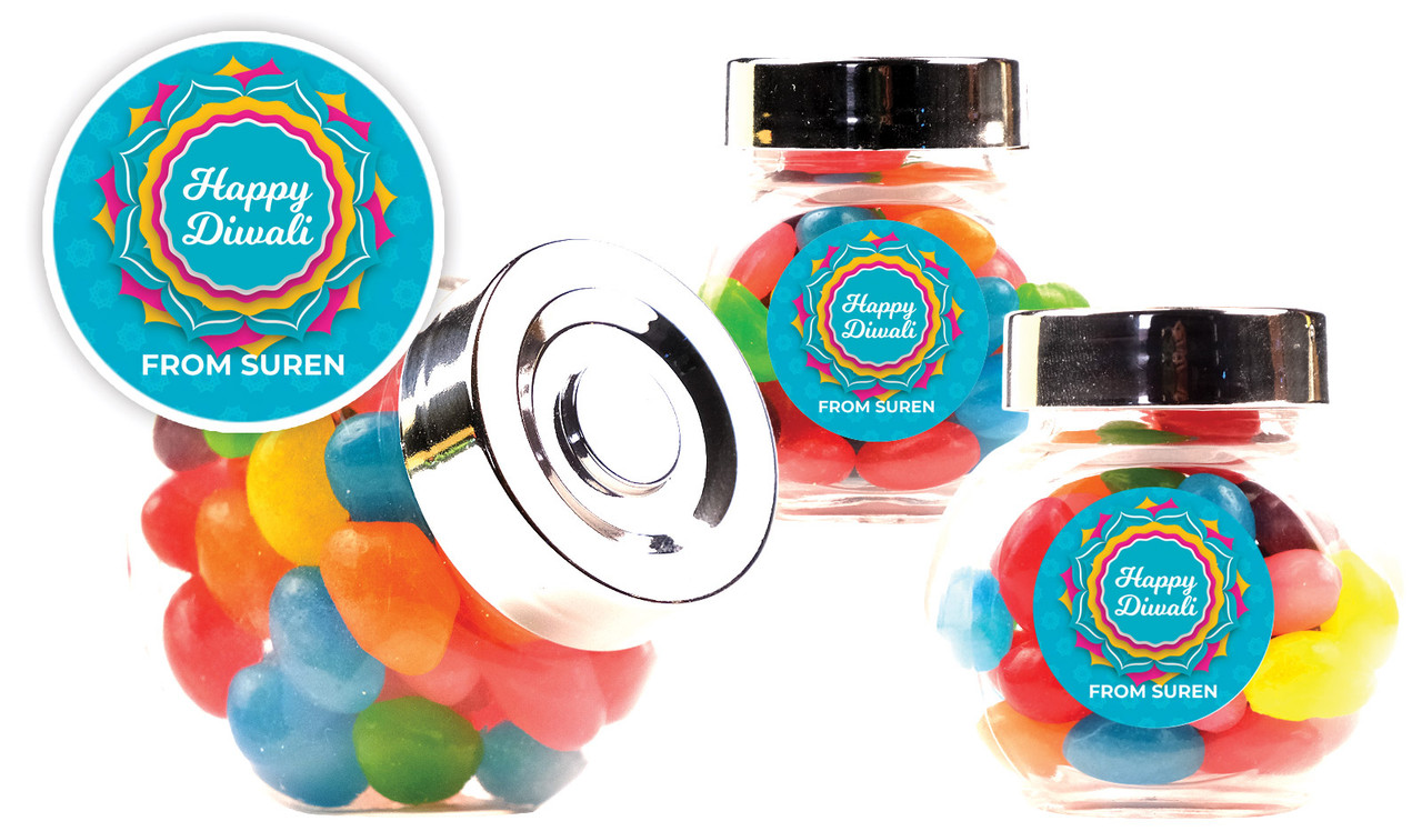Bright Blue Diwali Personalised Mini Candy Jar With Multicoloured Jelly Beans