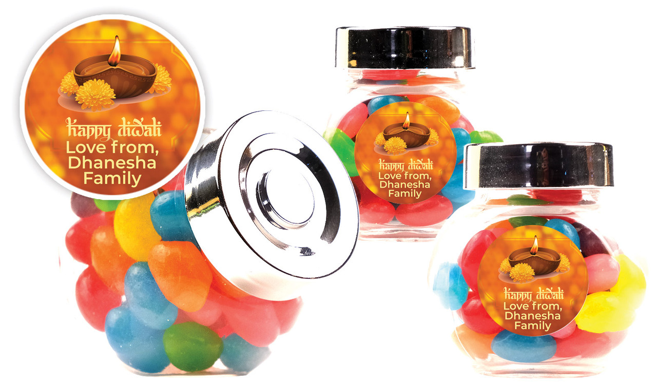 Bokeh Candle Diwali Personalised Mini Candy Jar With Multicoloured Jelly Beans