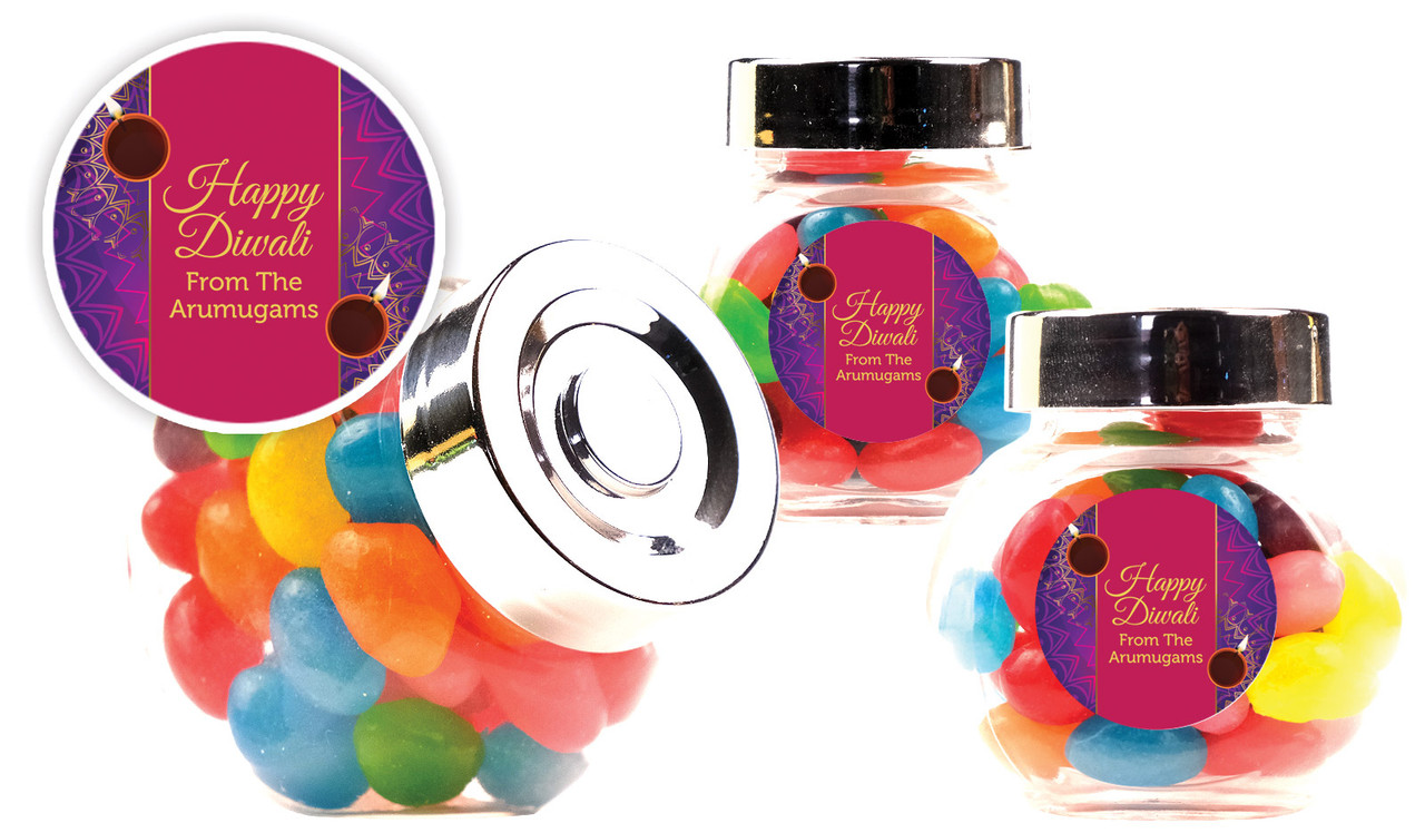 Bold Stripe Diwali Personalised Mini Candy Jar With Multicoloured Jelly Beans