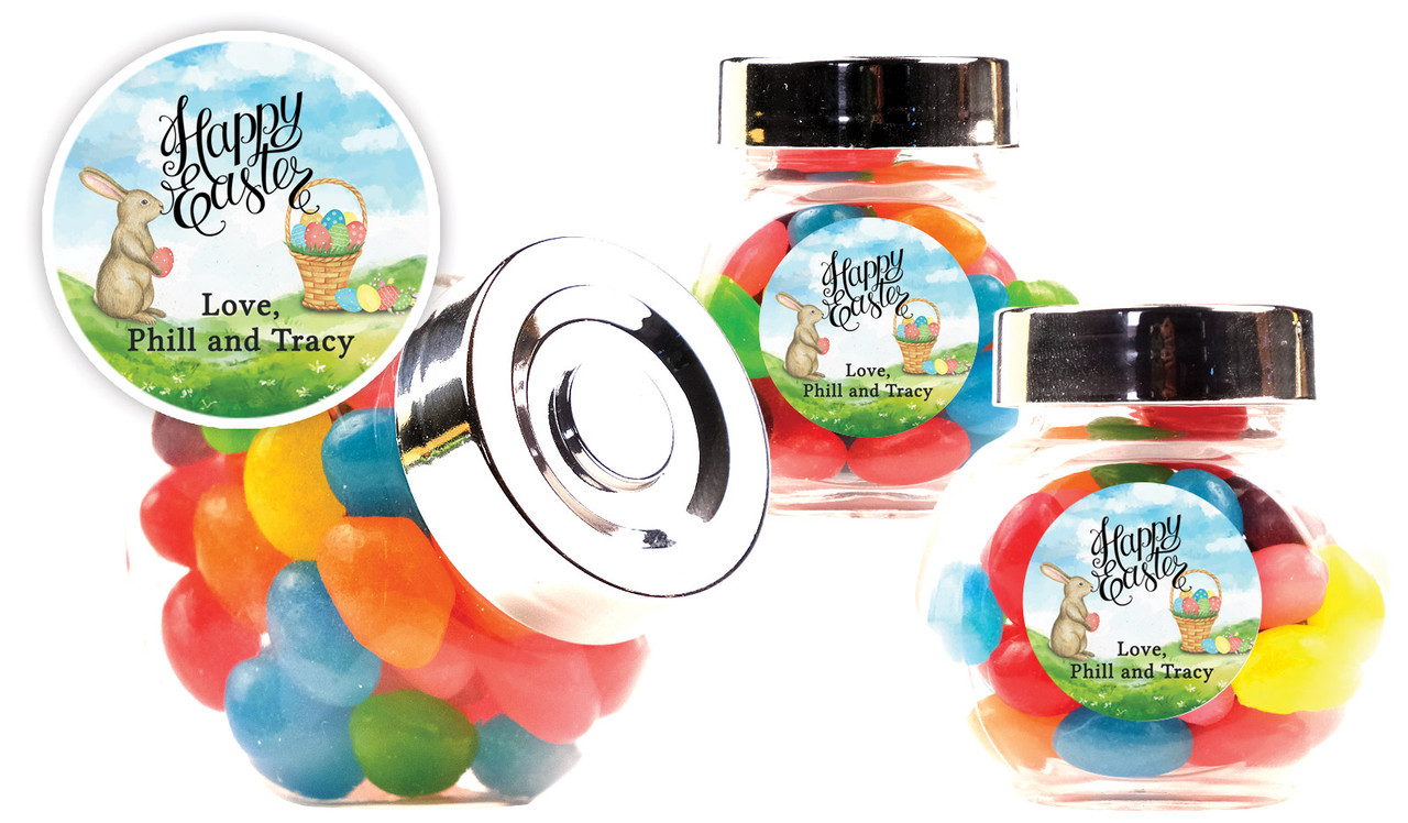 Bunny And Basket Easter Custom Mini Candy Jar With Multicoloured Jelly Beans