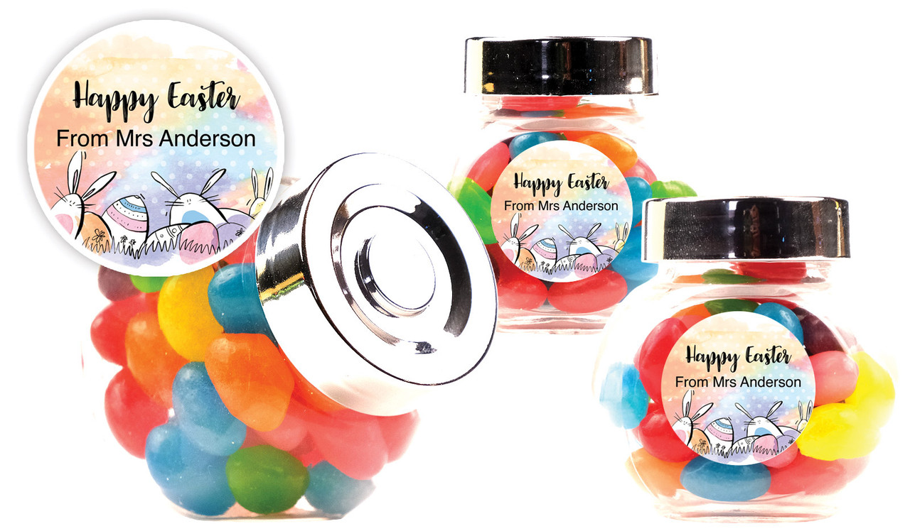 Rainbow Bunnies Easter Custom Mini Candy Jar With Multicoloured Jelly Beans