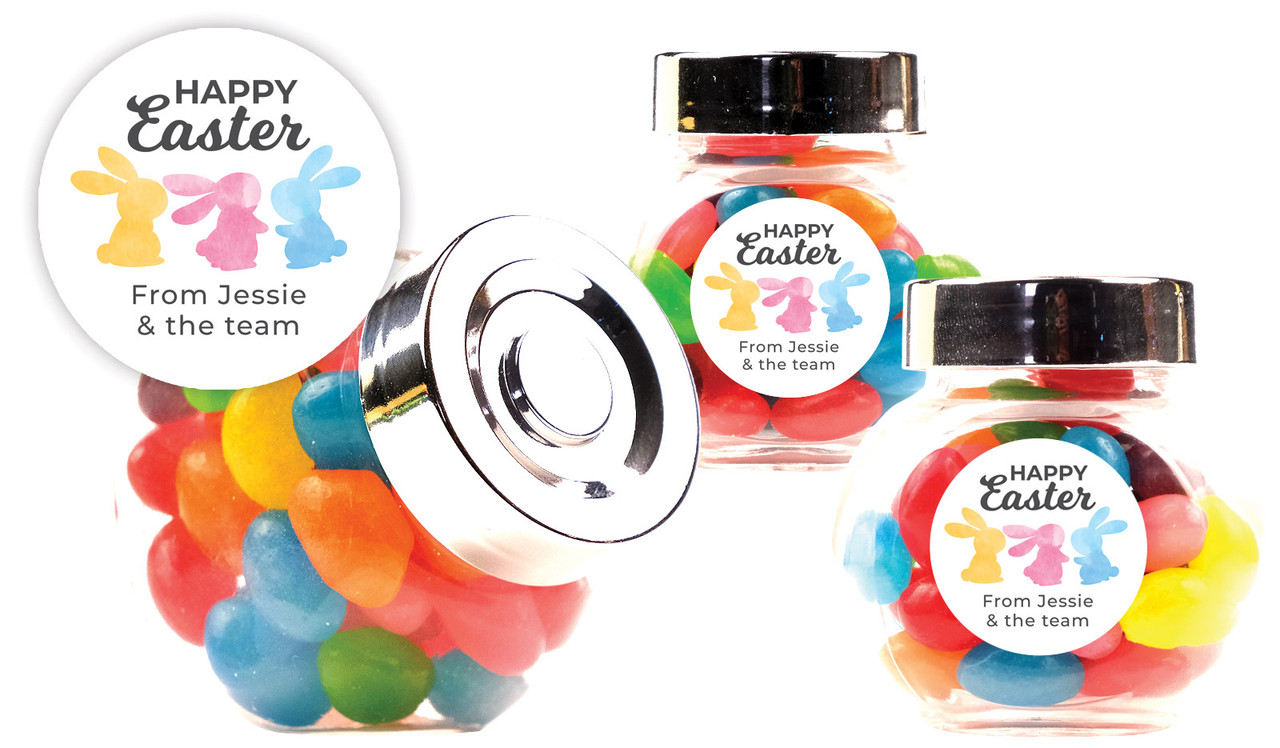 Colourful Bunnies Easter Custom Mini Candy Jar With Multicoloured Jelly Beans