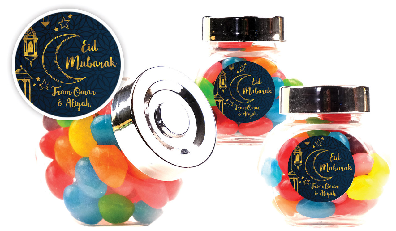 Gold On Navy Eid Personalised Mini Candy Jar With Multicoloured Jelly Beans