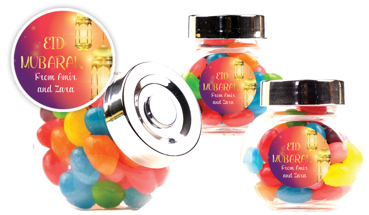 Early Sunrise Eid Personalised Mini Candy Jar With Multicoloured Jelly Beans