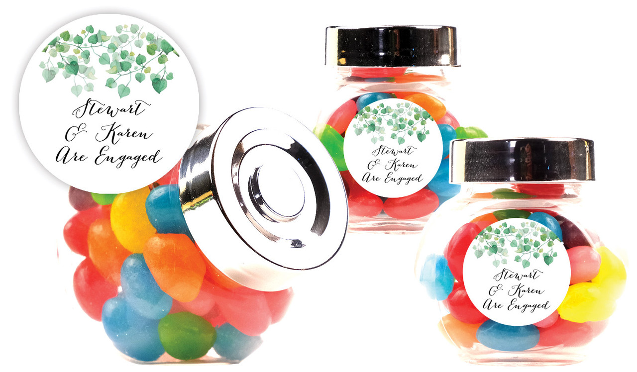 Hanging Leaves Engagement Personalised Mini Candy Jar With Multicoloured Jelly Beans