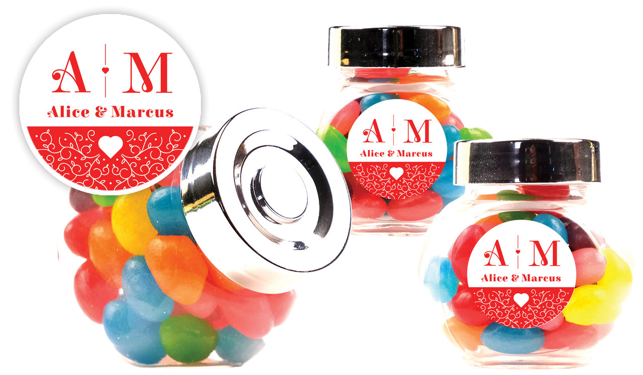 Ornamental Monogram Engagement Personalised Mini Candy Jar With Multicoloured Jelly Beans
