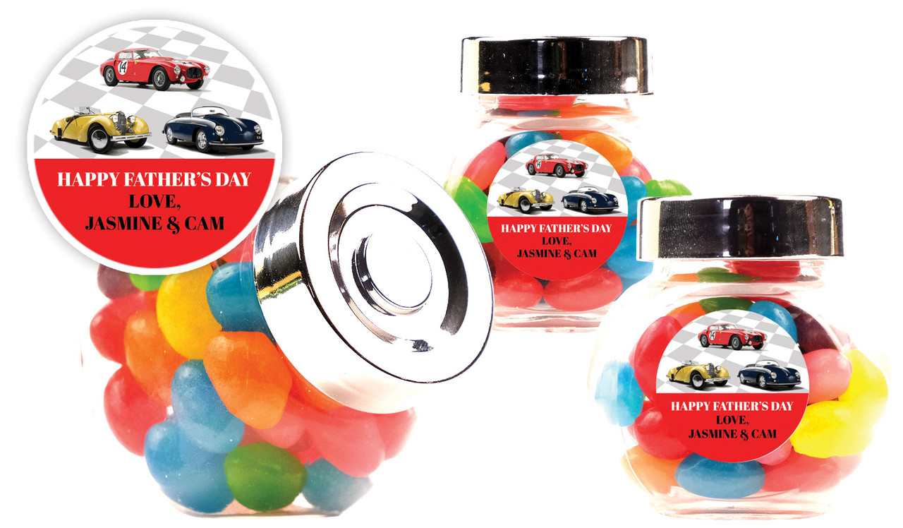 Cars Of Yesteryear Fathers Day Personalised Mini Candy Jar With Multicoloured Jelly Beans