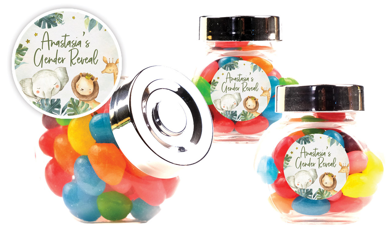 Animals On Safari Gender Reveal Personalised Mini Candy Jar With Multicoloured Jelly Beans