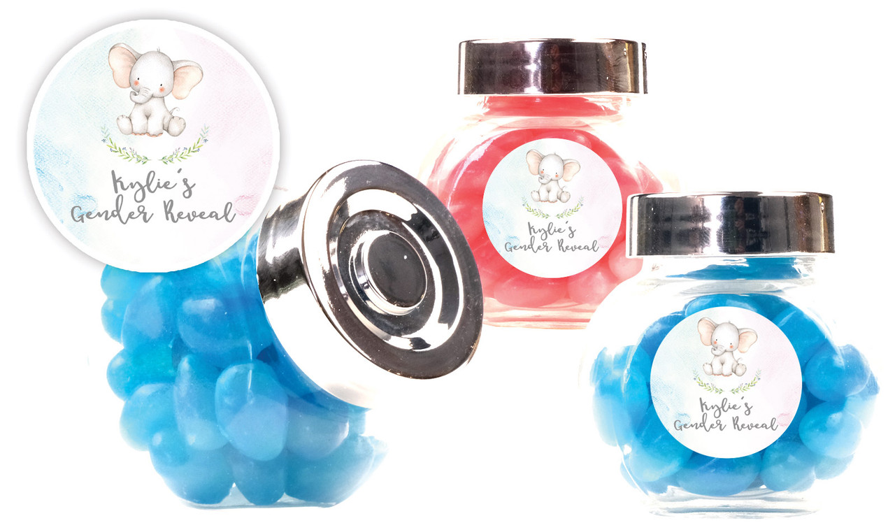 Sitting Elephants Gender Reveal Personalised Mini Candy Jar