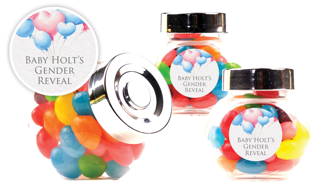 Balloons Gender Reveal Personalised Mini Candy Jar With Multicoloured Jelly Beans