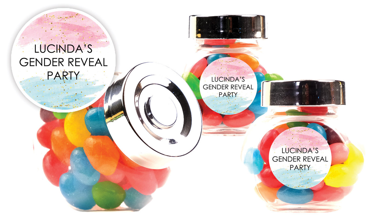Paint Strokes Gender Reveal Personalised Mini Candy Jar With Multicoloured Jelly Beans