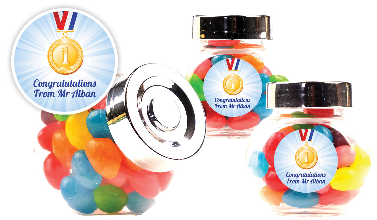 Medal 1st Place School Custom Mini Candy Jar With Multicoloured Jelly Beans