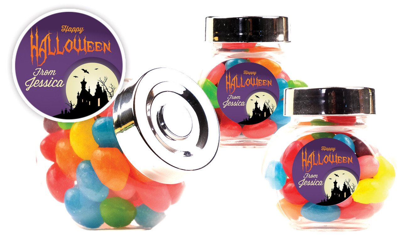 Creepy House Halloween Personalised Mini Candy Jar With Multicoloured Jelly Beans