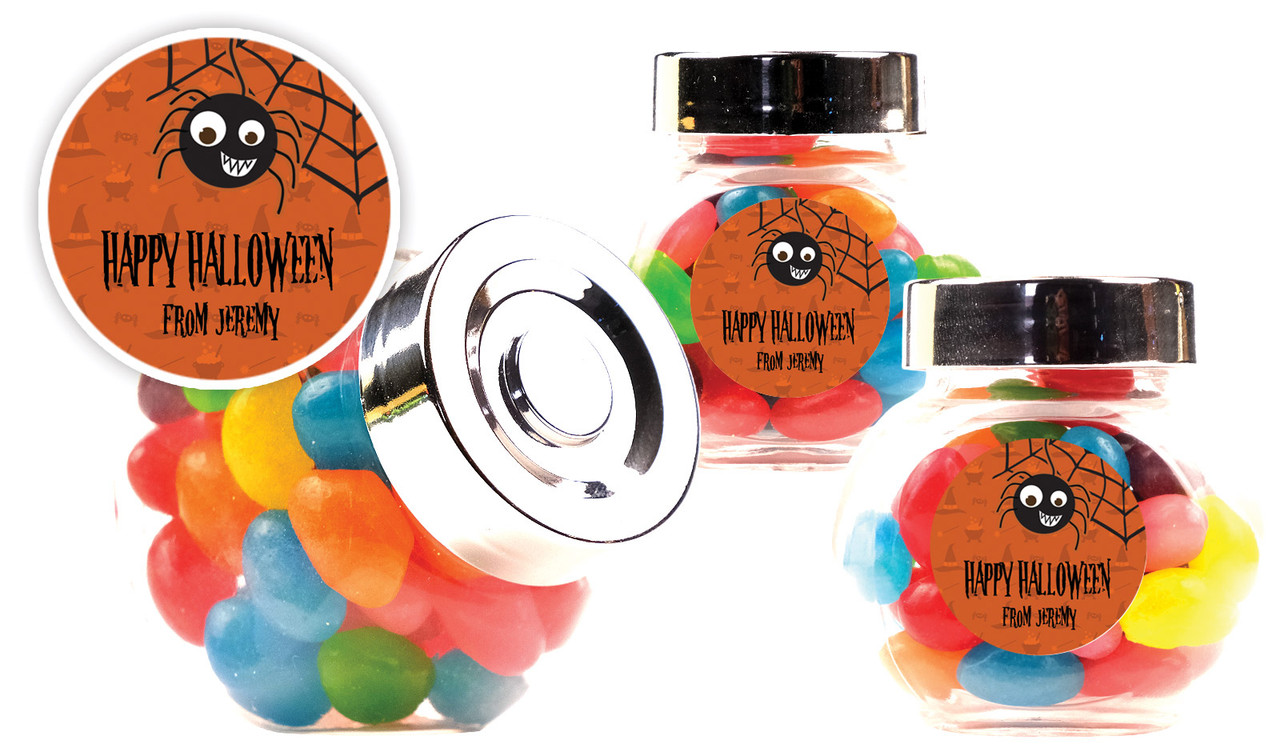 Spider Halloween Personalised Mini Candy Jar With Multicoloured Jelly Beans