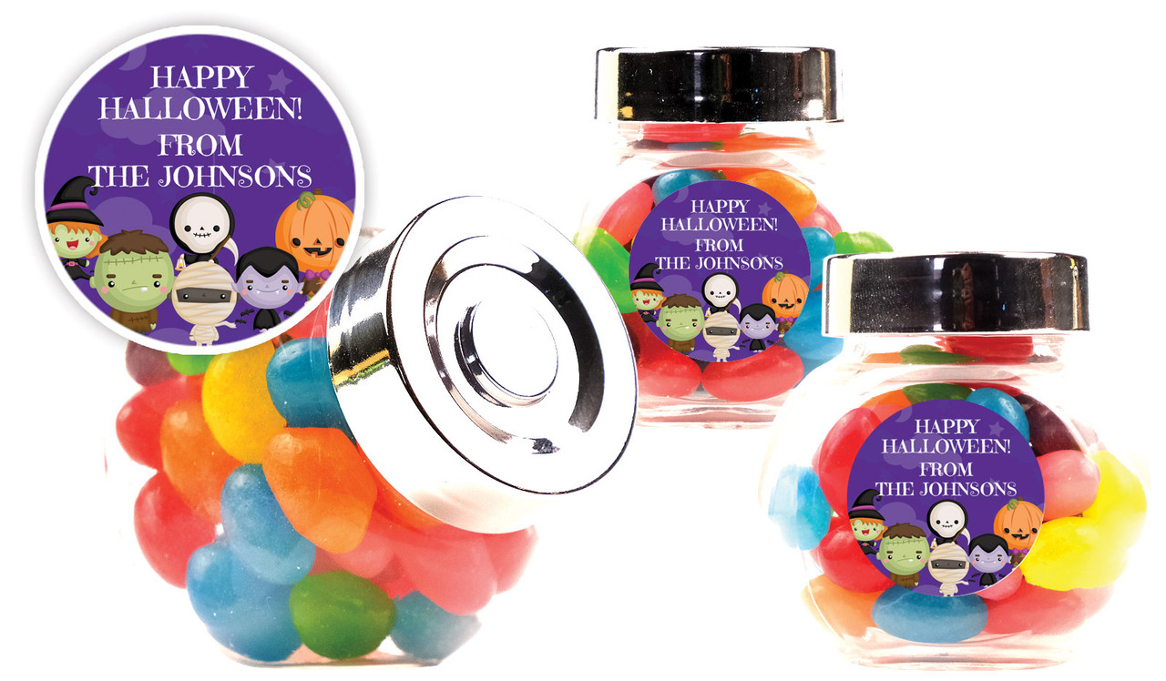 Cute Creatures Halloween Personalised Mini Candy Jar With Multicoloured Jelly Beans