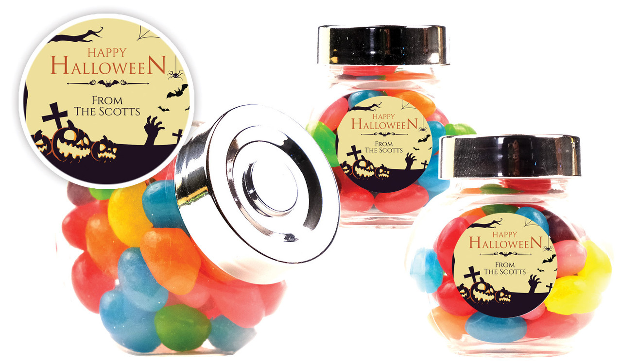 Graveyard Pumpkins Halloween Personalised Mini Candy Jar With Multicoloured Jelly Beans